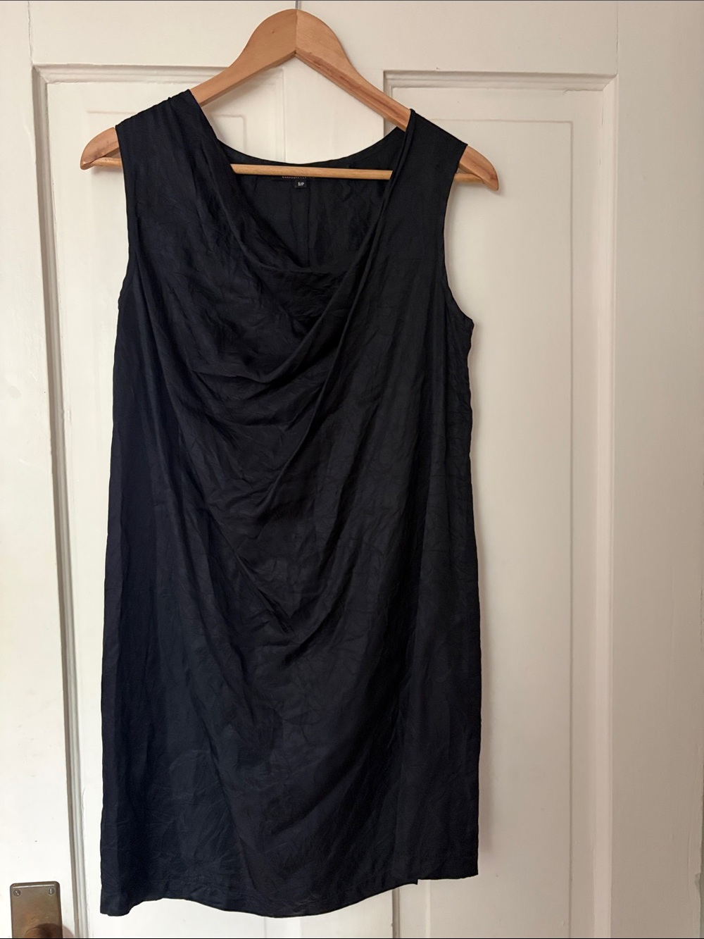 COMRAGS Black Crinkle Satin Draped Asymmetrical Cowl Neck Short Dress, Size S